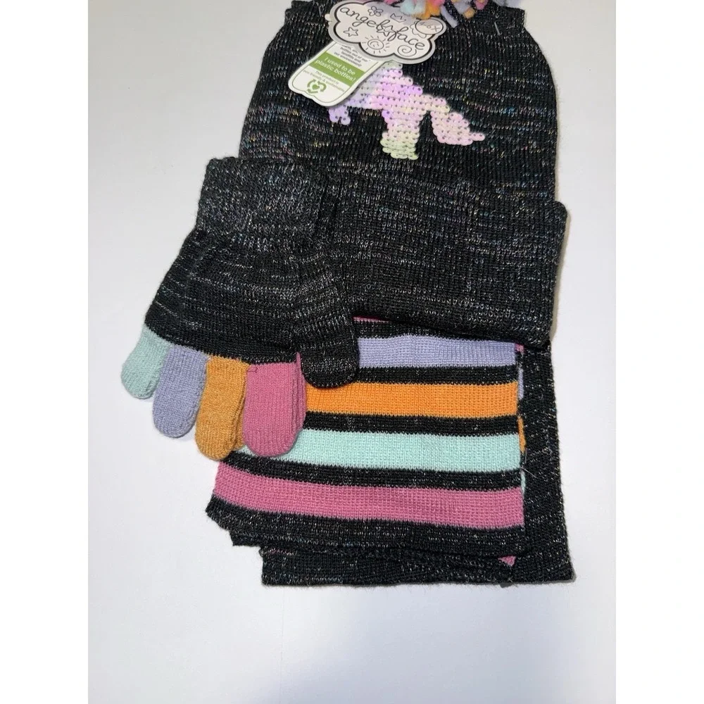Angel Face Girls 3 Pc Winter Hat Scarf Gloves Set Unicorn Sequin Sparkle 4-6 NWT